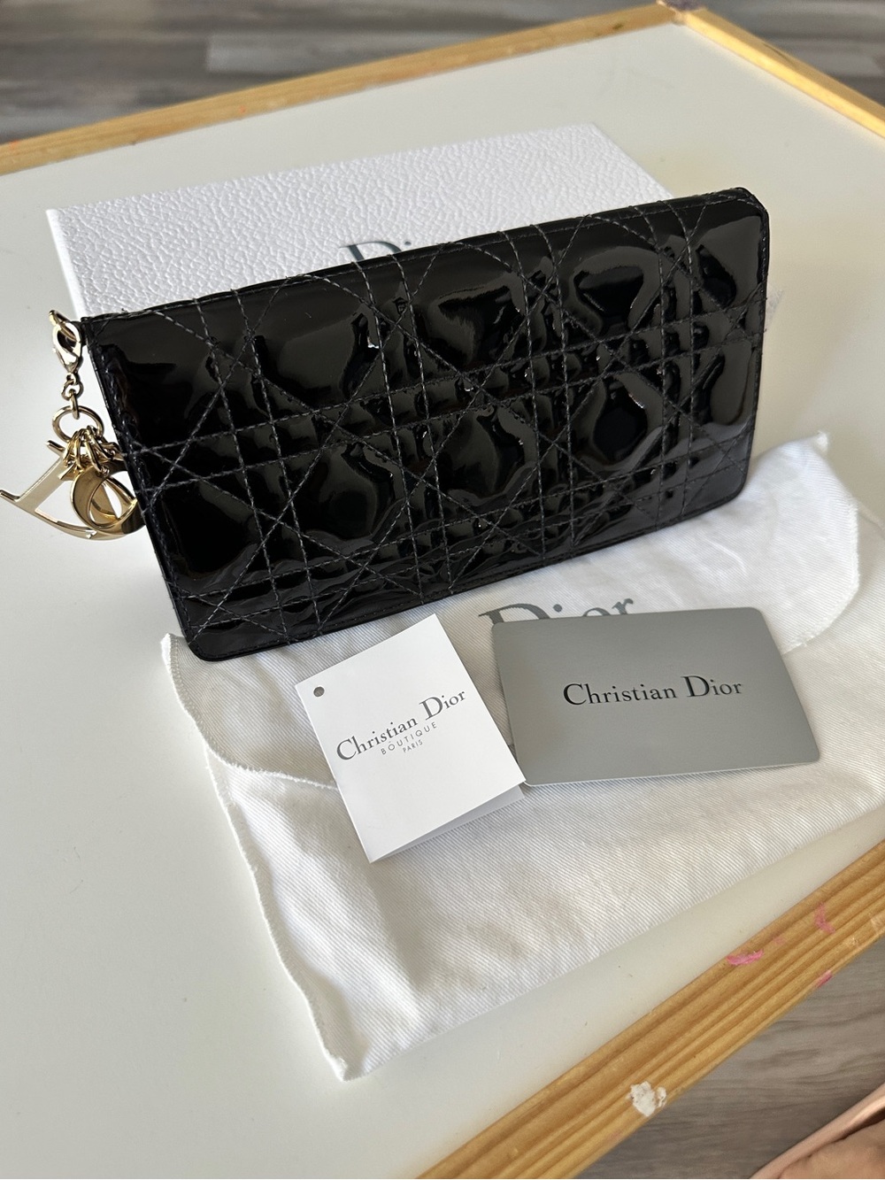 Dior Black Patent Quilted Zip-Around Wallet with Gold Charms